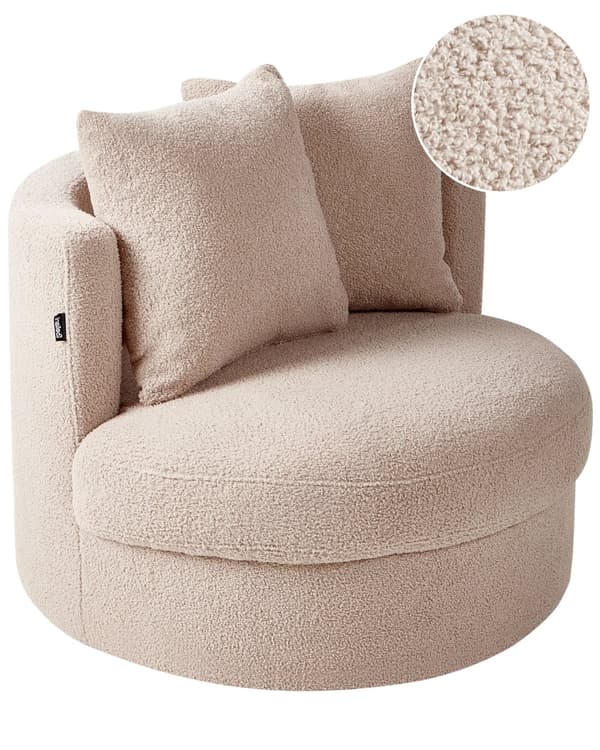 Fåtölj Beige Boucle Svängbar Järn Bas Två Kuddar Rund Rygg Modern Glam Stil Vardagsrum