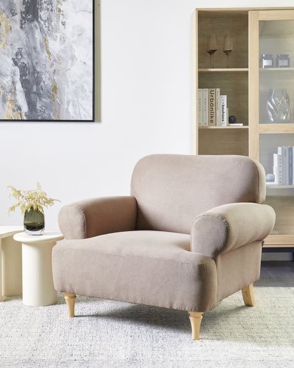 Lænestol taupe polyester stofbetræk træben retro minimalistisk stil stue