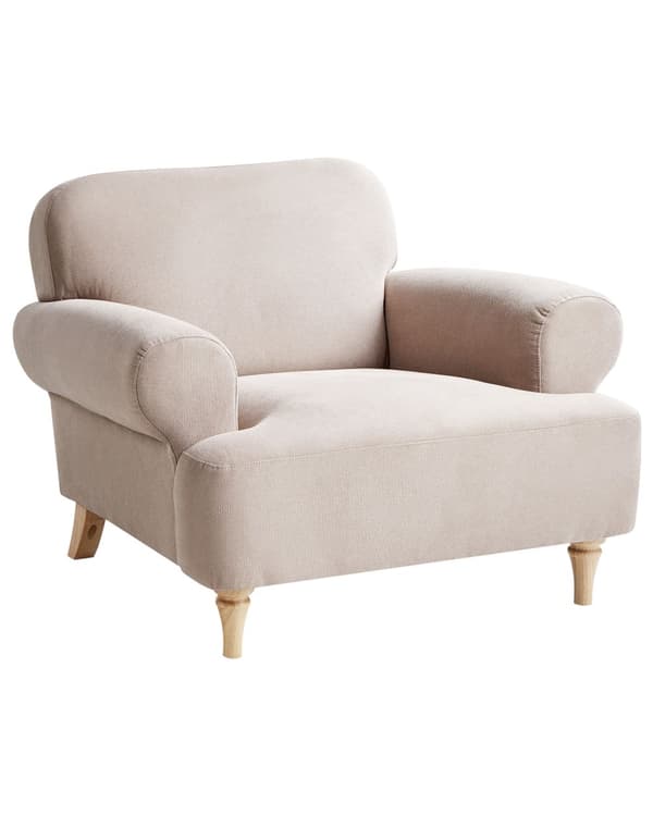 Lænestol taupe polyester stofbetræk træben retro minimalistisk stil stue