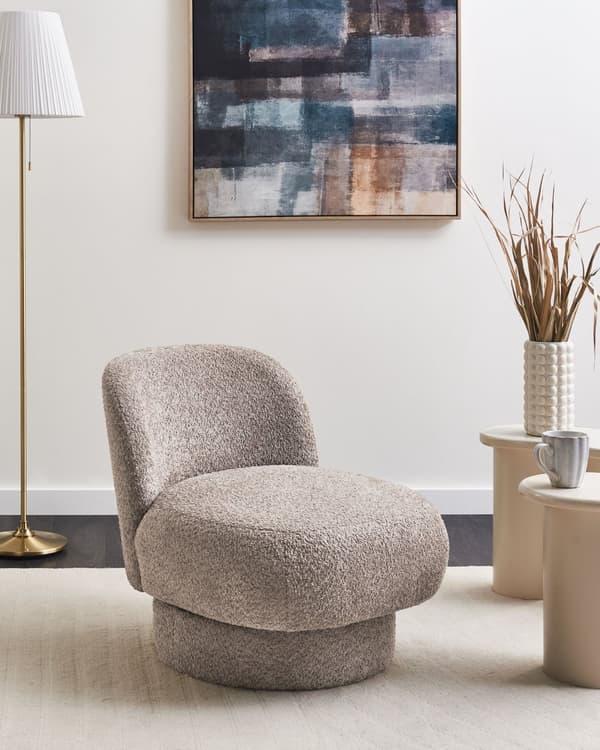 Svingbar Lenestol Beige Boucle Polstring Club Chair Buet Ryggstøtte Retro