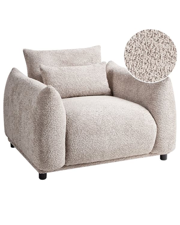 Lenestol Beige Boucle Stoff Mykt Nubby Svart Ben Buet Ryggstøtte Retro Glam Art Dekor Stil