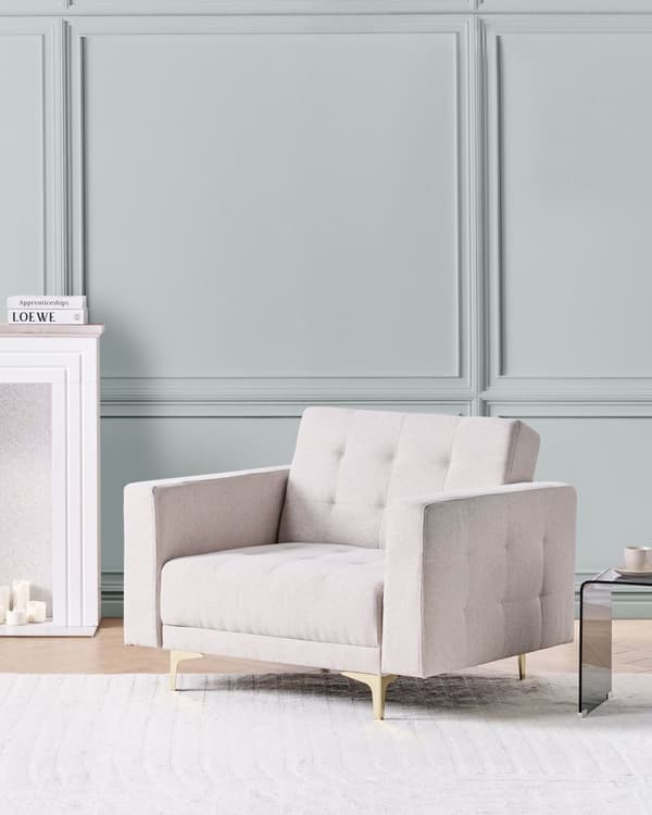 Fåtölj Beige Tuftad Tyg Modern Vardagsrum Liggande Stol Guld Ben