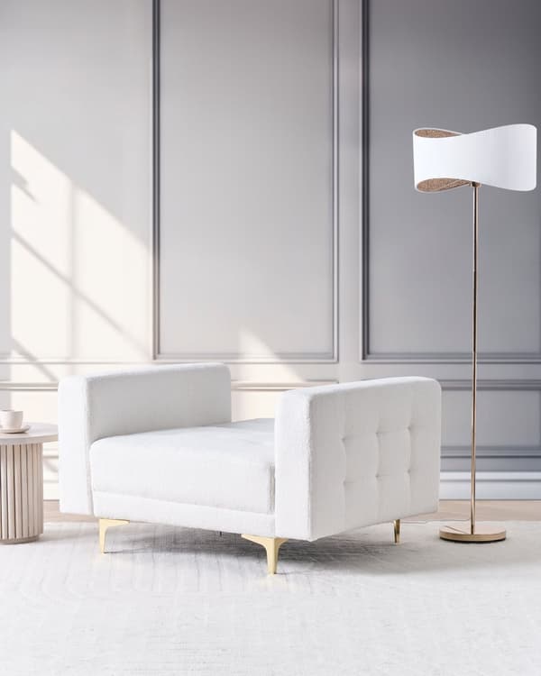 Lenestol Hvit Bouclé Metallben Dekorative knapper Justerbar rygg Moderne design Hvilestol Stue