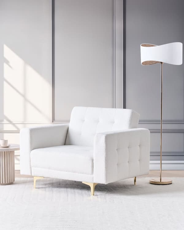 Lenestol Hvit Bouclé Metallben Dekorative knapper Justerbar rygg Moderne design Hvilestol Stue