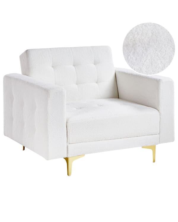 Lenestol Hvit Bouclé Metallben Dekorative knapper Justerbar rygg Moderne design Hvilestol Stue