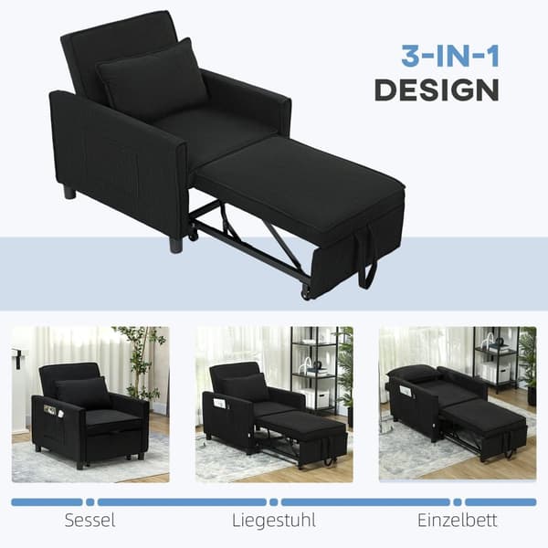 Rootz Justerbar sovende stol - Konvertibel loungestol - Rentliner seng - Komfort 3 position - 74W x 84d x 81H cm - Sort - 120 kg kapacitet