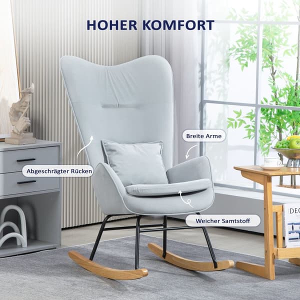 Rootz Rocking Stol - Sygeplejestol - Velvet Stol - Lumbar Support - Velvet Look Cover - 67L X 85W X 112H CM - Grå