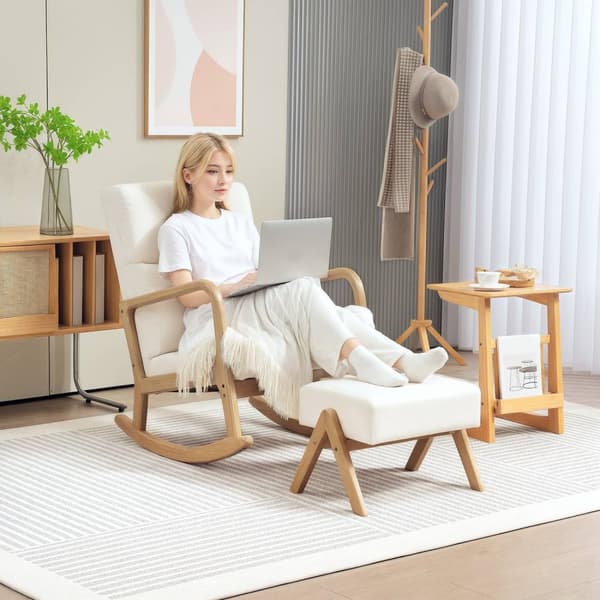 Rootzin keinutuoli jakkara - pehmeästi pehmustettu - liinavaatteet - Ultimate Comfort - 65W x 96d x 94,5H cm - kermavalkoinen