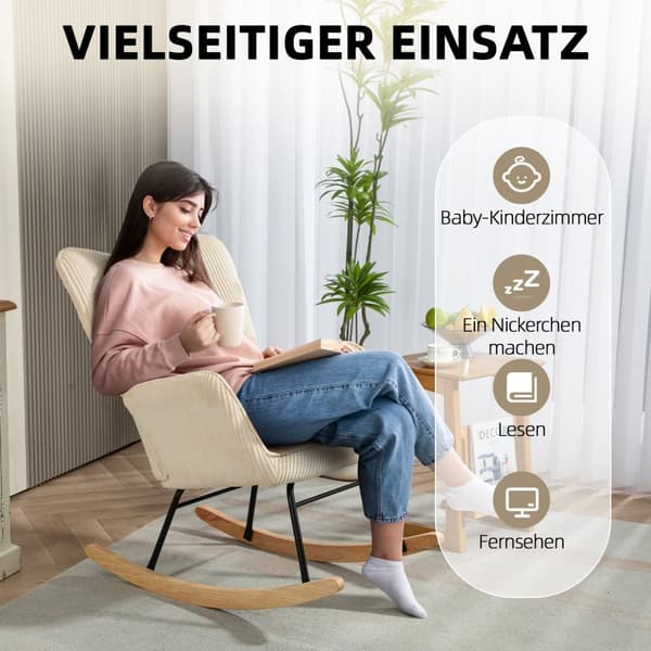 Rootz Vintage Rocking Chair - RECLINER - Afslappende stol - Tyk polstring - 98 cm x 71 cm x 101 cm - Beech Wood & Steel - Brown