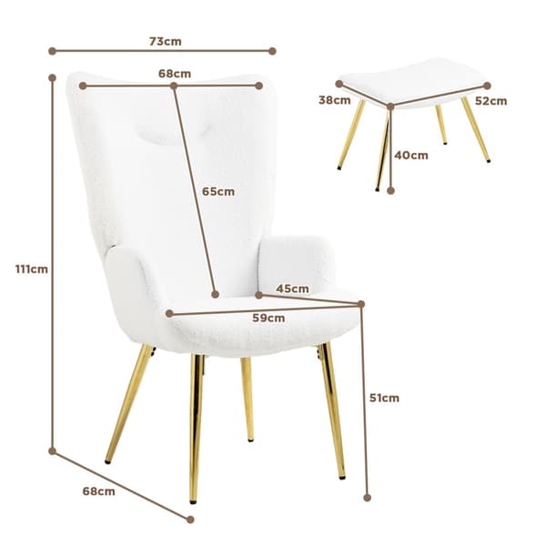 Rootzin siipituoli jakkara - Lounge -tuoli - Aksenttituoli - Korkea selkäkuvuus - 73W x 68D X 111H CM, 52W X 38D X 40H CM, WHITE SHERPA -POINTI, KULTA