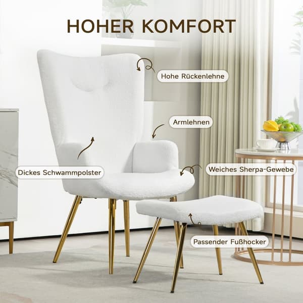 Rootzin siipituoli jakkara - Lounge -tuoli - Aksenttituoli - Korkea selkäkuvuus - 73W x 68D X 111H CM, 52W X 38D X 40H CM, WHITE SHERPA -POINTI, KULTA