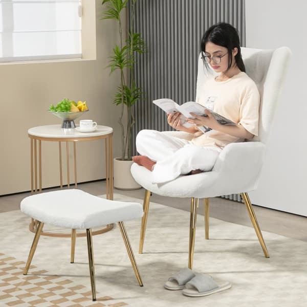 Rootzin siipituoli jakkara - Lounge -tuoli - Aksenttituoli - Korkea selkäkuvuus - 73W x 68D X 111H CM, 52W X 38D X 40H CM, WHITE SHERPA -POINTI, KULTA