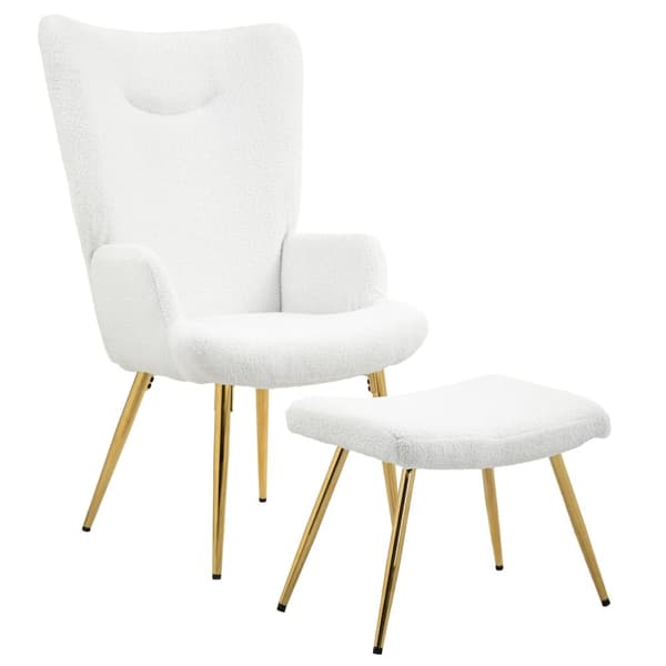 Rootzin siipituoli jakkara - Lounge -tuoli - Aksenttituoli - Korkea selkäkuvuus - 73W x 68D X 111H CM, 52W X 38D X 40H CM, WHITE SHERPA -POINTI, KULTA
