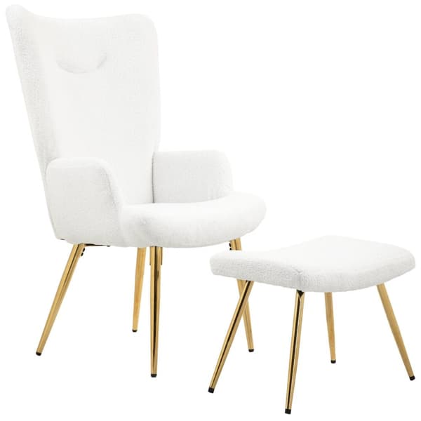Rootzin siipituoli jakkara - Lounge -tuoli - Aksenttituoli - Korkea selkäkuvuus - 73W x 68D X 111H CM, 52W X 38D X 40H CM, WHITE SHERPA -POINTI, KULTA