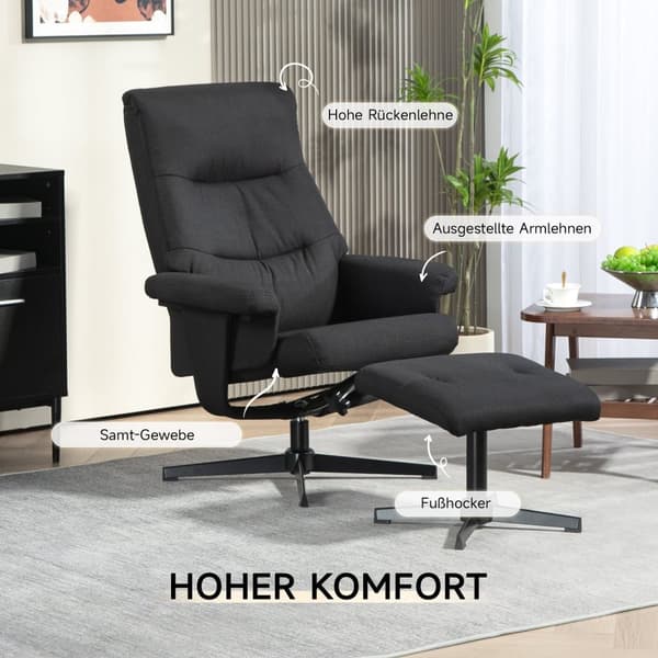 Rootzin lepotuoli ulostesarjassa - kääntyvä istuin - keinutoiminto - samettiset ilmeen, 135 ° säätävät - 74W x 81d x 102H cm, musta