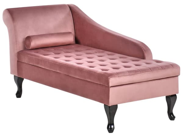 Venstrevendt Sjeselong Rosa Fløyelspolstring Svarte ben Oppbevaringsrom Tuftet sete Bolsterpute Glam Retro Design