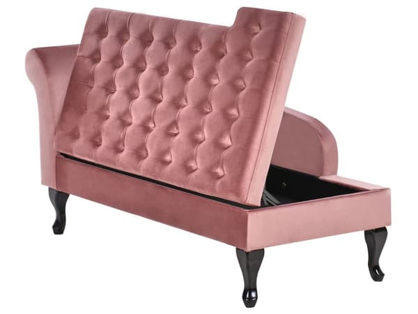 Venstrevendt Sjeselong Rosa Fløyelspolstring Svarte ben Oppbevaringsrom Tuftet sete Bolsterpute Glam Retro Design