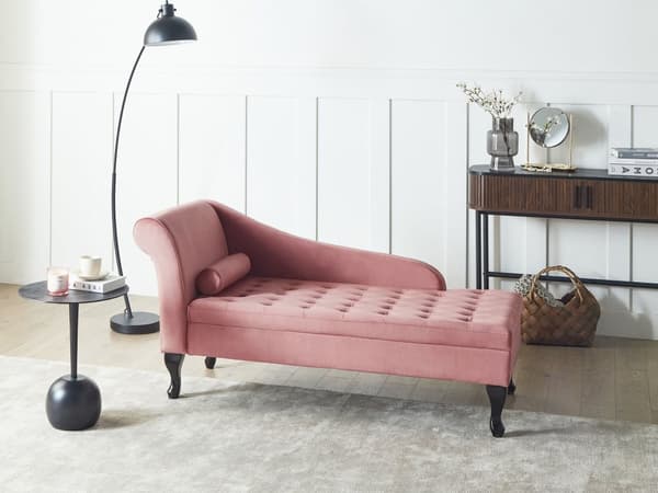 Venstrevendt Sjeselong Rosa Fløyelspolstring Svarte ben Oppbevaringsrom Tuftet sete Bolsterpute Glam Retro Design