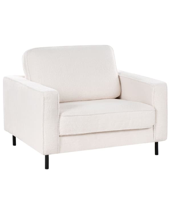 Lenestol Hvit Boucle Fabric Minimalistisk Stil Stue Aksentstol Svarte Ben Sporarm