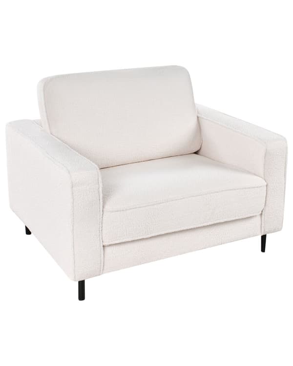 Lenestol Hvit Boucle Fabric Minimalistisk Stil Stue Aksentstol Svarte Ben Sporarm