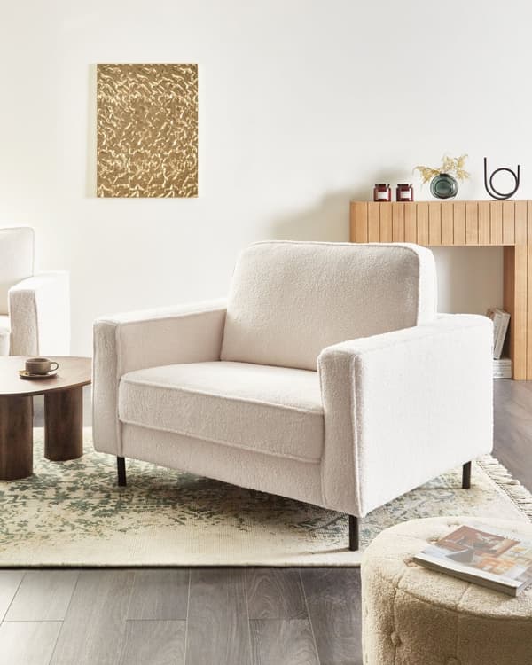 Lenestol Hvit Boucle Fabric Minimalistisk Stil Stue Aksentstol Svarte Ben Sporarm