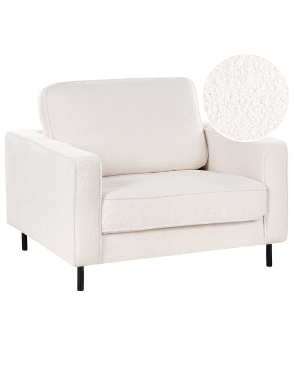 Lenestol Hvit Boucle Fabric Minimalistisk Stil Stue Aksentstol Svarte Ben Sporarm