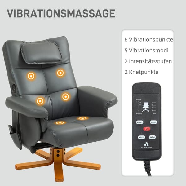 Rootz -hierontatuoli jakkaralla - Relaksation -tuoli - lepotuoli - USB -lataus - 78L x 86W x 93H cm, harmaa nahka