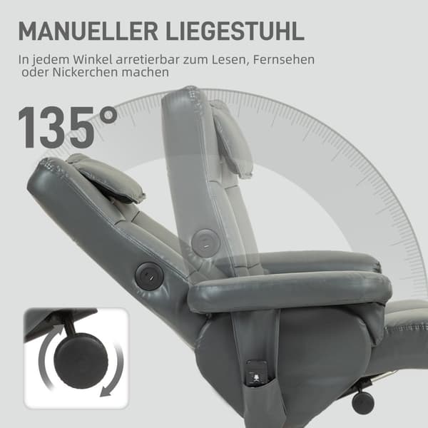 Rootz -hierontatuoli jakkaralla - Relaksation -tuoli - lepotuoli - USB -lataus - 78L x 86W x 93H cm, harmaa nahka