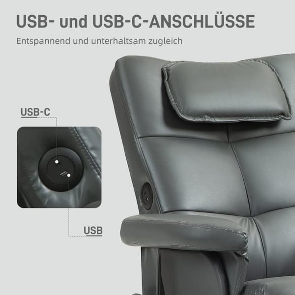 Rootz -hierontatuoli jakkaralla - Relaksation -tuoli - lepotuoli - USB -lataus - 78L x 86W x 93H cm, harmaa nahka