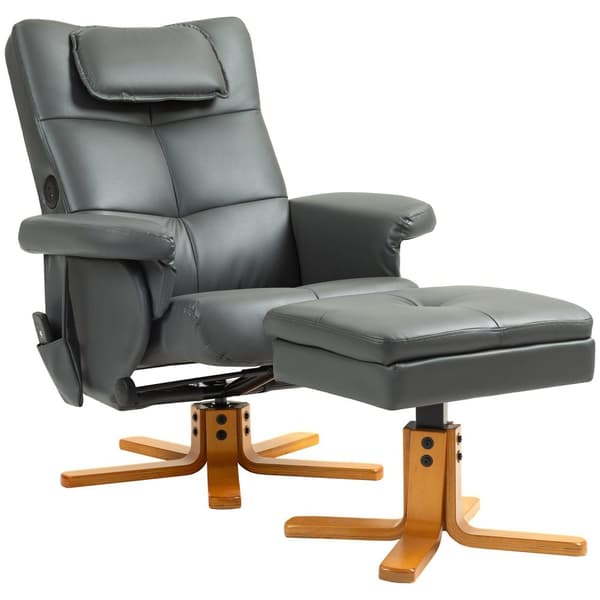 Rootz Massagestol med afføring - Afslapningsstol - hvilestol - USB -opladning - 78L x 86W x 93H cm, gråt læder look
