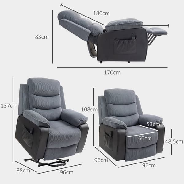 Rootz Riser Recliner -tuoli - Stand -Up -tuoli - Electric TV -tuoli - Kaukosäädin - 96 cm x 96cm x 108cm - Harmaa vaurahtainen kansi