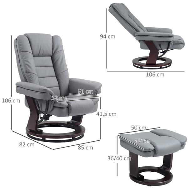 Rootz Reclining Swivel Chair with Stool - Relaxation Chair, Luting Ryggstöd - Faux Leather - 85x82x106 CM - 130 kg kapacitet - Grå