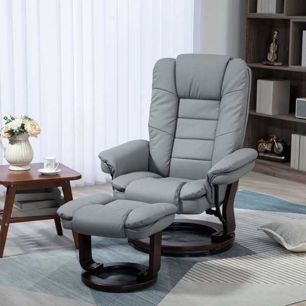 Rootz Reclining Swivel Chair with Stool - Relaxation Chair, Luting Ryggstöd - Faux Leather - 85x82x106 CM - 130 kg kapacitet - Grå