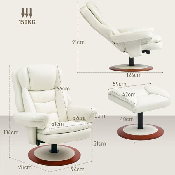 Rootz liggende stol med afføring - Loungestol - TV -stol - Ergonomisk luksus - 94 cm x 98 cm x 104 cm - Hvid - Faux læder