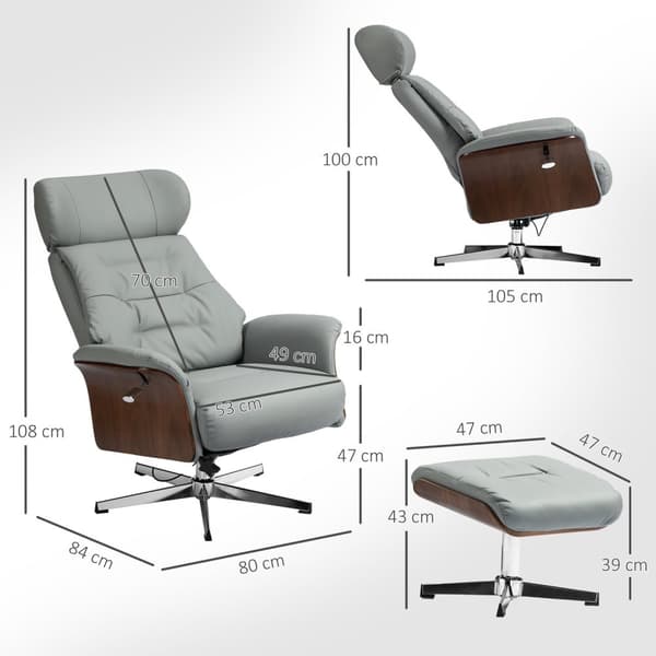 Rootz Relaksation -tuoli jakkaralla - lepotuoli - kääntyvä TV -tuoli - 135 ° kallistustoiminto - 80w x 84d x 108h cm - harmaa