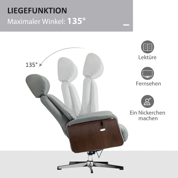 Rootz Relaksation -tuoli jakkaralla - lepotuoli - kääntyvä TV -tuoli - 135 ° kallistustoiminto - 80w x 84d x 108h cm - harmaa