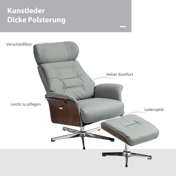 Rootz Relaksation -tuoli jakkaralla - lepotuoli - kääntyvä TV -tuoli - 135 ° kallistustoiminto - 80w x 84d x 108h cm - harmaa
