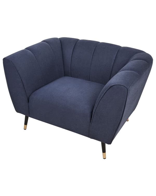 Lænestol mørkeblå stofpolstring dybt bredt sæde lav ryg moderne glamour stil stue