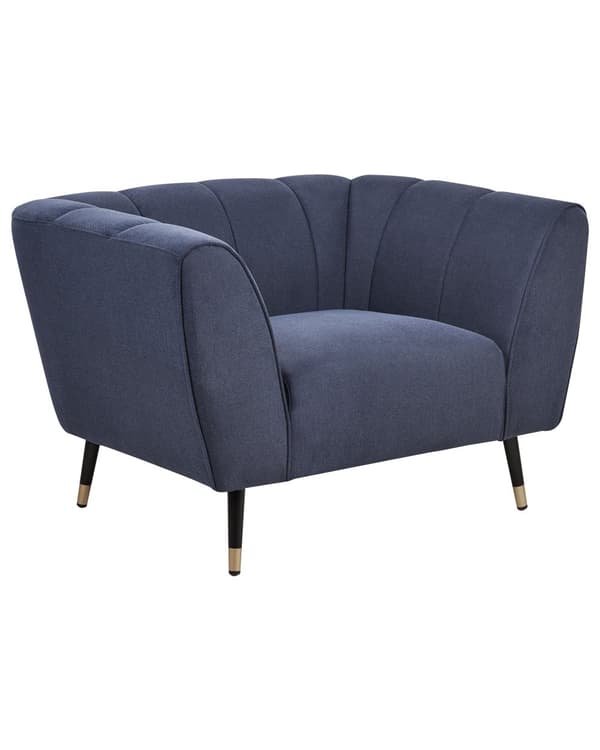 Lænestol mørkeblå stofpolstring dybt bredt sæde lav ryg moderne glamour stil stue