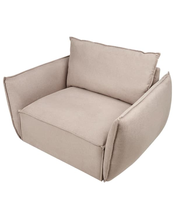 Lænestol taupe stofpolstring lav profil dybt bredt sæde ryghynde moderne stil stue