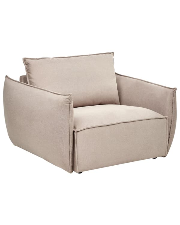 Lænestol taupe stofpolstring lav profil dybt bredt sæde ryghynde moderne stil stue