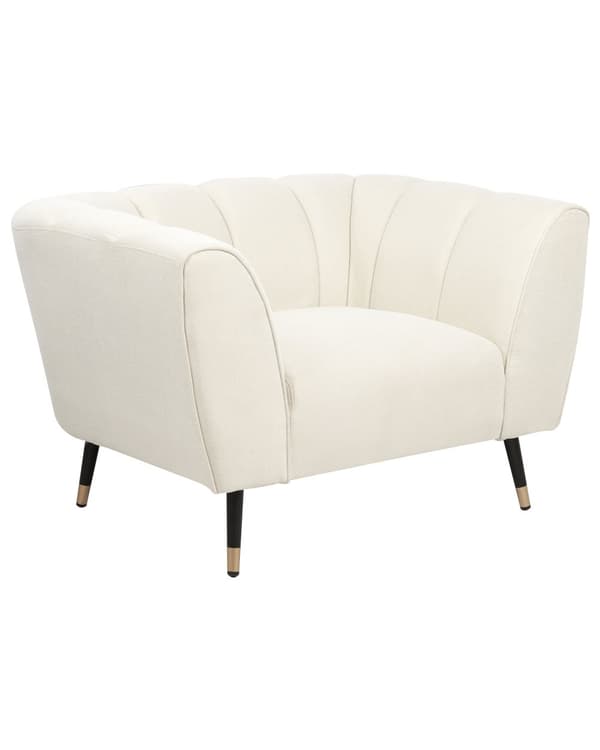 Lænestol beige stofpolstring dybt bredt sæde lav ryg moderne glamour stil stue