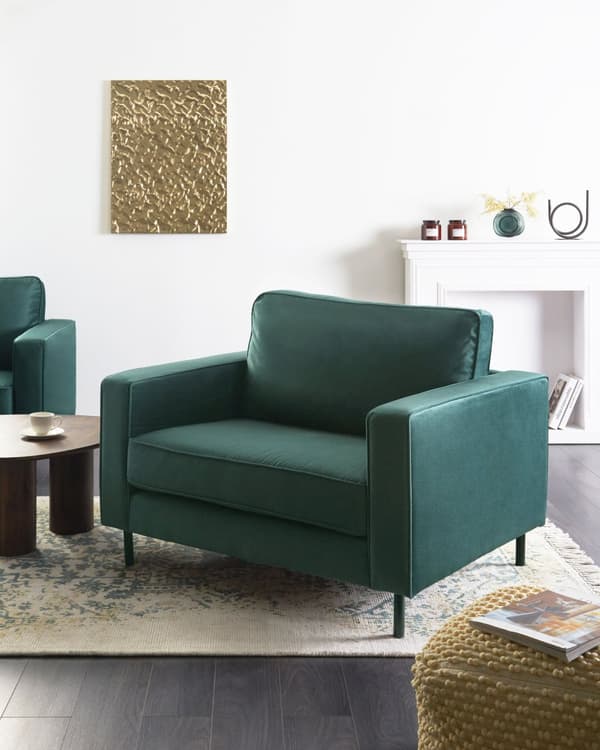 Lænestol Grøn Velour Stof Minimalistisk Stue Accent Stol Sorte Ben Styrearm