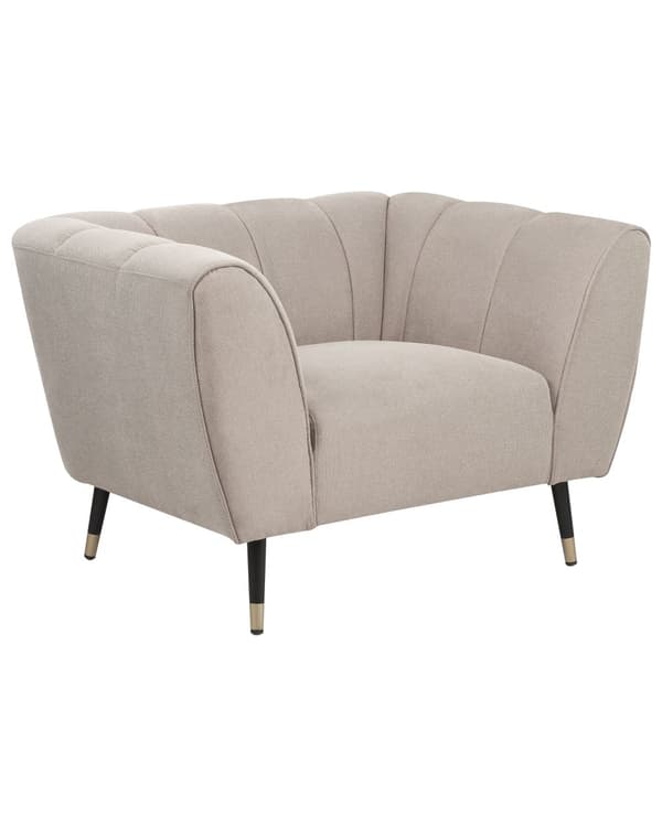 Lænestol taupe stofpolstring dybt bredt sæde lav ryg moderne glamour stil stue