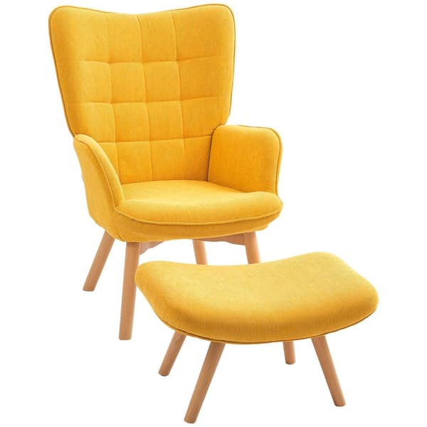 Rootz accentstol med avföring - avslappningsstol - fåtölj - träben - hög komfort - 72 cm x 80 cm x 101 cm - gul corduroy
