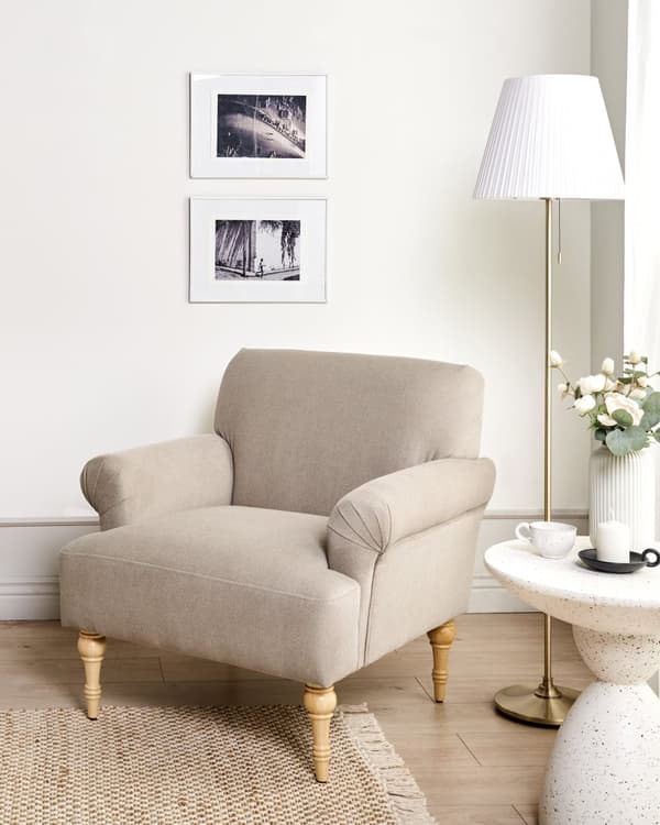 Lenestol Taupe Polyesterstoff Ben i gummitre Vannavvisende Retro og minimalistisk stil Stue Hvilestol