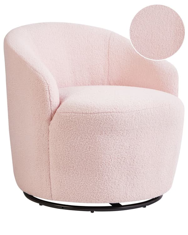 Lenestol Rosa Boucléstoff Svart base Svingbar 360-graders rotasjon Retro Glam Hvilestol Stue Soverom
