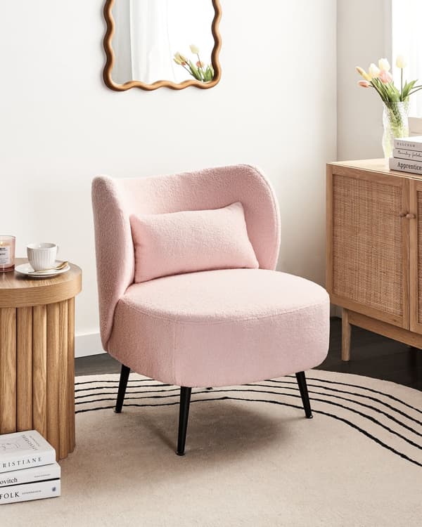 Lænestol Pink Boucle Stuestol med Armlæn til Stuen Bred Hvilestol Polstret Design Møbel Stol