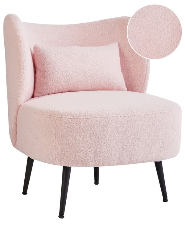 Lænestol Pink Boucle Stuestol med Armlæn til Stuen Bred Hvilestol Polstret Design Møbel Stol