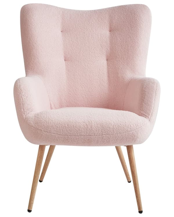 Lænestol med skammel Pink Boucléstof Knap ensfarvet mønster Retro Stil Stue Opholdsrum